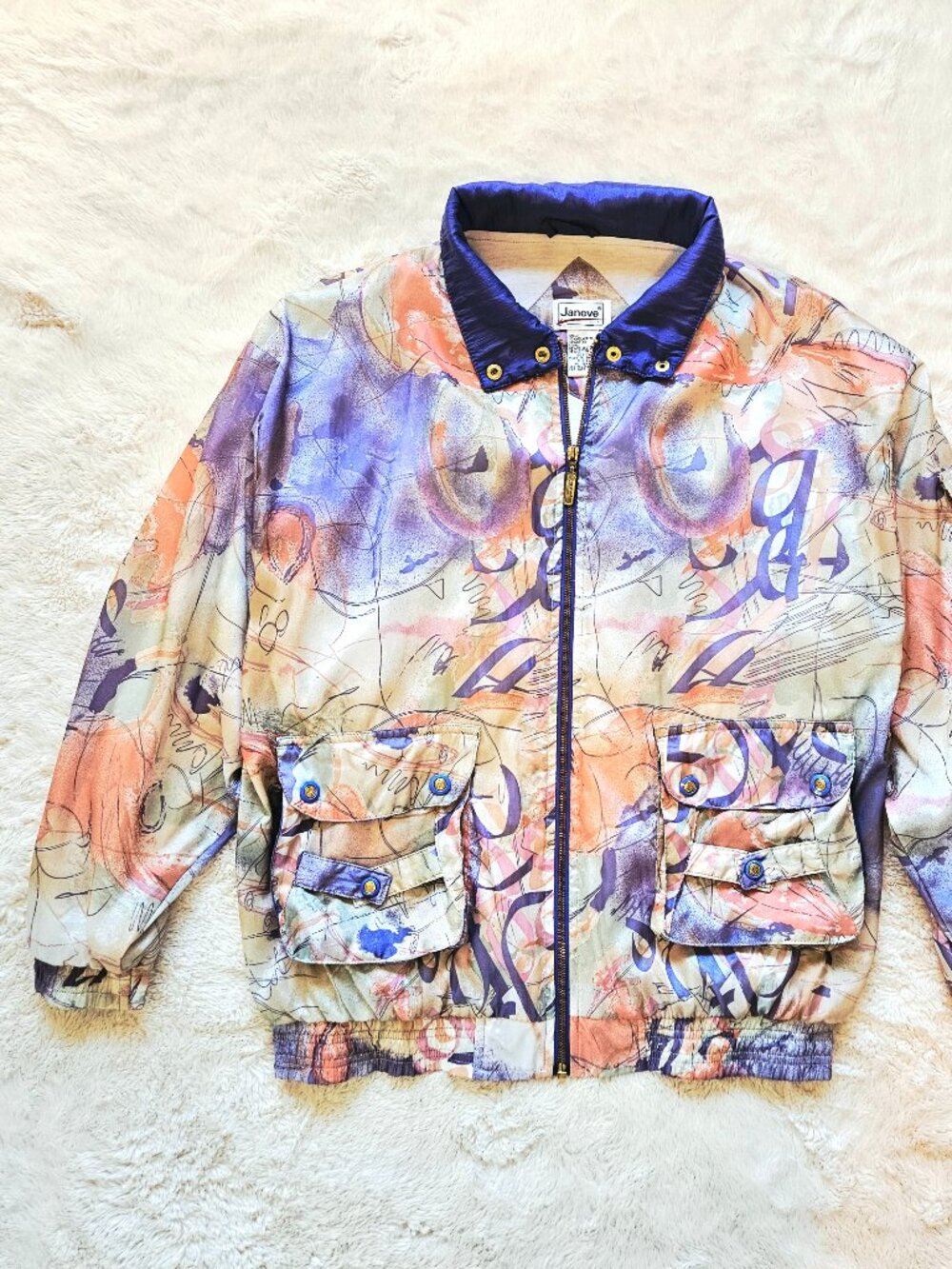 Janeve Women's VTG 80's 90's Windbreaker Jacket Retro Bomber Abstract Print M